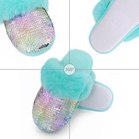 Orthoshoes Girls Sequined Fluffy Slippers, Faux Fur Memory Foam, Non-Slip Indoor House Shoes in Kuwait