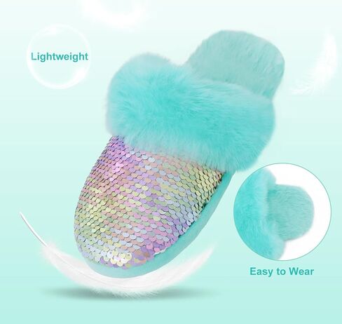 Orthoshoes Girls Sequined Fluffy Slippers, Faux Fur Memory Foam, Non-Slip Indoor House Shoes in Kuwait