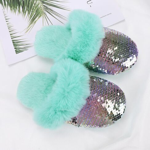 Orthoshoes Girls Sequined Fluffy Slippers, Faux Fur Memory Foam, Non-Slip Indoor House Shoes in Kuwait