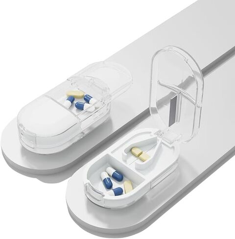 Daily Pill Case, Portable Pill Organizer Tablets Cutter 2-in-1, Small Travel Medicine Splitter Box for Medication Fish Oil Vitamin Capsule Supplement, BPA Free Material, Transparent Grey in Kuwait