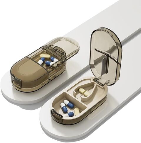 Daily Pill Case, Portable Pill Organizer Tablets Cutter 2-in-1, Small Travel Medicine Splitter Box for Medication Fish Oil Vitamin Capsule Supplement, BPA Free Material, Transparent Grey in Kuwait