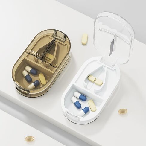 Daily Pill Case, Portable Pill Organizer Tablets Cutter 2-in-1, Small Travel Medicine Splitter Box for Medication Fish Oil Vitamin Capsule Supplement, BPA Free Material, Transparent Grey in Kuwait