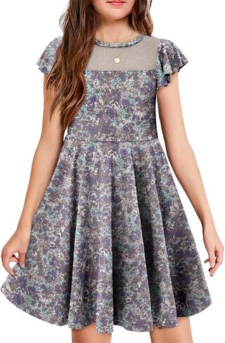 اللباس الفتيات Yoklass Dround Dound Dound Ald A Line Shulk Sleeve Cknee Lene Dresses 4-13 Years in Kuwait
