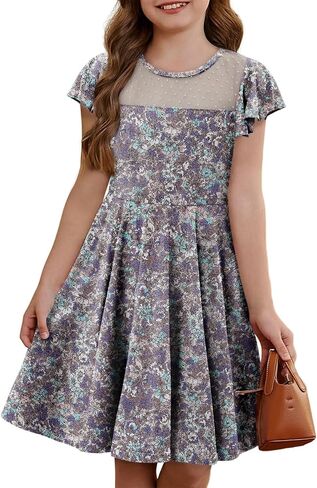 اللباس الفتيات Yoklass Dround Dound Dound Ald A Line Shulk Sleeve Cknee Lene Dresses 4-13 Years in Kuwait