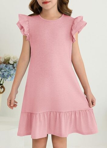 YOVION Girls Summer Dresses Boho Ruffle Sleeve Tiered Swing Casual Dress with Pockets for 6-12 Y in Kuwait
