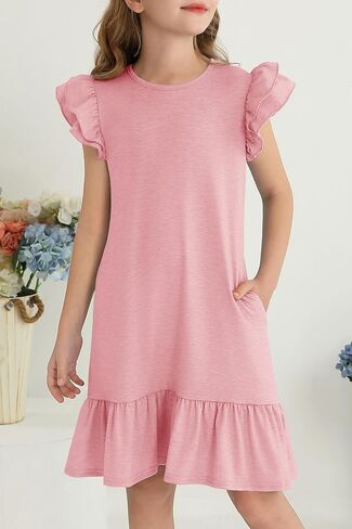 YOVION Girls Summer Dresses Boho Ruffle Sleeve Tiered Swing Casual Dress with Pockets for 6-12 Y in Kuwait