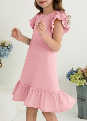 YOVION Girls Summer Dresses Boho Ruffle Sleeve Tiered Swing Casual Dress with Pockets for 6-12 Y in Kuwait
