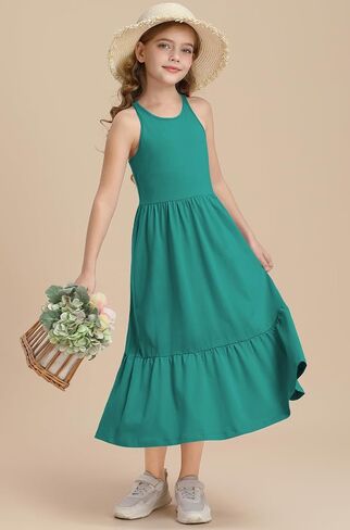 Girls Summer Maxi Dress Sleeveless Back Detailed Tiered Sundress with Pockets 5-12 Years in Saudi Arabia