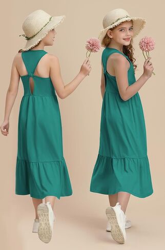 Girls Summer Maxi Dress Sleeveless Back Detailed Tiered Sundress with Pockets 5-12 Years in Saudi Arabia