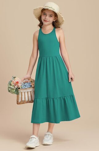 Girls Summer Maxi Dress Sleeveless Back Detailed Tiered Sundress with Pockets 5-12 Years in Saudi Arabia