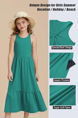 Girls Summer Maxi Dress Sleeveless Back Detailed Tiered Sundress with Pockets 5-12 Years in Saudi Arabia