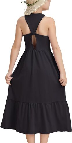 Girls Summer Maxi Dress Sleeveless Back Detailed Tiered Sundress with Pockets 5-12 Years in Kuwait