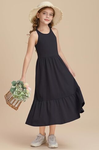 Girls Summer Maxi Dress Sleeveless Back Detailed Tiered Sundress with Pockets 5-12 Years in Kuwait
