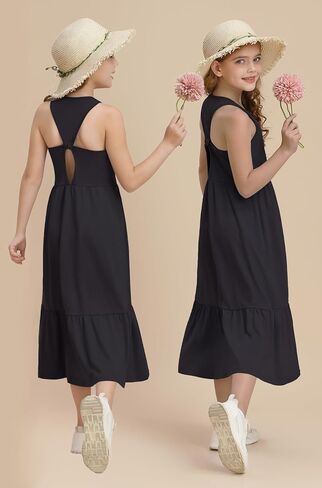 Girls Summer Maxi Dress Sleeveless Back Detailed Tiered Sundress with Pockets 5-12 Years in Kuwait