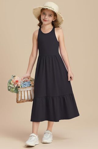 Girls Summer Maxi Dress Sleeveless Back Detailed Tiered Sundress with Pockets 5-12 Years in Kuwait