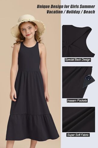 Girls Summer Maxi Dress Sleeveless Back Detailed Tiered Sundress with Pockets 5-12 Years in Kuwait