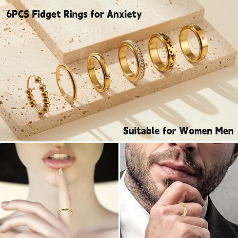 حلقات تململ للقلق 6pcs من الفولاذ المقاوم للصدأ حلقة الدوران مضاد للقلق حلقة الغزل النجمة النجمة بارد الإجهاد تخفيف حلقات تشيكوسلوفاكيا للنساء خواتم الفرقة in Saudi Arabia