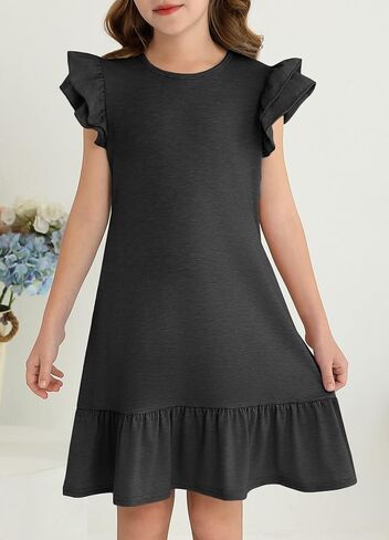 YOVION Girls Summer Dresses Boho Ruffle Sleeve Tiered Swing Casual Dress with Pockets for 6-12 Y in Kuwait