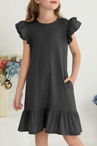 YOVION Girls Summer Dresses Boho Ruffle Sleeve Tiered Swing Casual Dress with Pockets for 6-12 Y in Kuwait