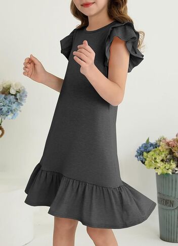 YOVION Girls Summer Dresses Boho Ruffle Sleeve Tiered Swing Casual Dress with Pockets for 6-12 Y in Kuwait