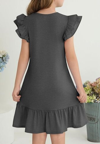 YOVION Girls Summer Dresses Boho Ruffle Sleeve Tiered Swing Casual Dress with Pockets for 6-12 Y in Kuwait