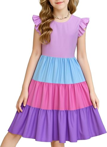 LQSZ Girls Summer Dresses with Shulfle Short Sleeve Midi Midi A-LIP A-LIP STINDRIS STINDRESS SIZE 3-12 in Kuwait