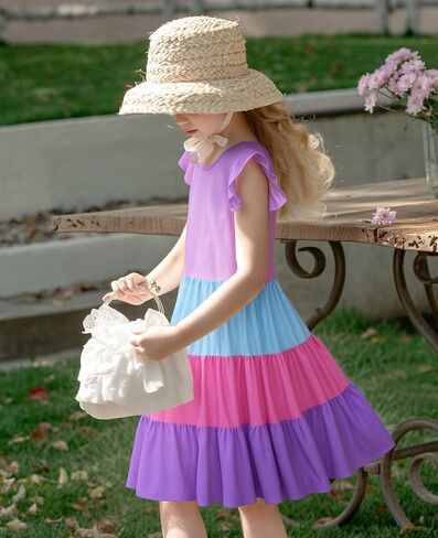 LQSZ Girls Summer Dresses with Shulfle Short Sleeve Midi Midi A-LIP A-LIP STINDRIS STINDRESS SIZE 3-12 in Kuwait