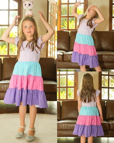 LQSZ Girls Summer Dresses with Shulfle Short Sleeve Midi Midi A-LIP A-LIP STINDRIS STINDRESS SIZE 3-12 in Kuwait