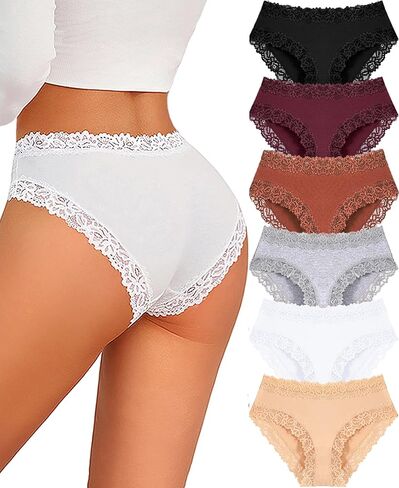 Womens Cotton Underwear Cheeky Bikini Panties for Women Sexy Lace Briefs Soft Stretch Underwear Pack 6 in Kuwait