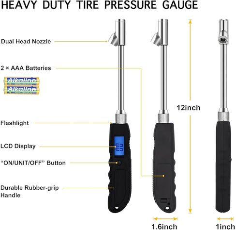 Digital Tire Pressure Gauge, 230 PSI Heavy Duty Dual Head Stainless Steel Made Swivel Air Chuck Tire Pressure for Truck RV with Backlit LCD and Flashlight in Kuwait