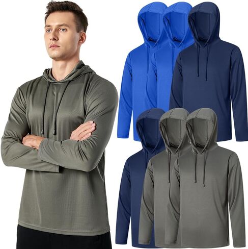 3PC or 6PC Men’s UPF 50+ Sun Protection Lightweight Long Sleeve Hoodie, Quick-Dry SPF UV Shirt for Outdoor Active Wear in Kuwait