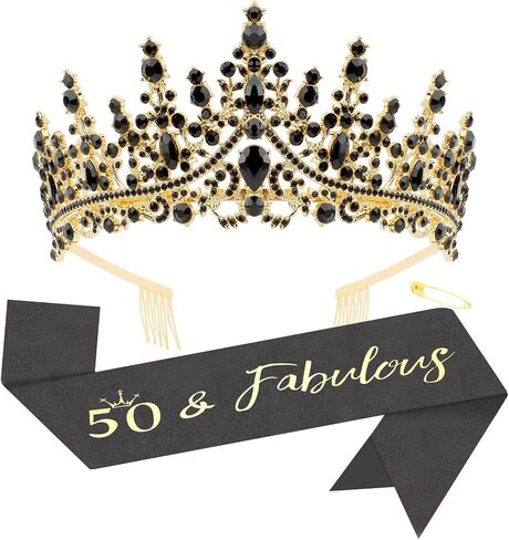 Canitor 40th Birthday Crown and Sash Set - Sparkling Black Tiara with '40' & 'Fabulous' Sash - Women's 40th Birthday Decorations and Gifts in Saudi Arabia