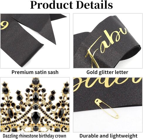 Canitor 40th Birthday Crown and Sash Set - Sparkling Black Tiara with '40' & 'Fabulous' Sash - Women's 40th Birthday Decorations and Gifts in Saudi Arabia