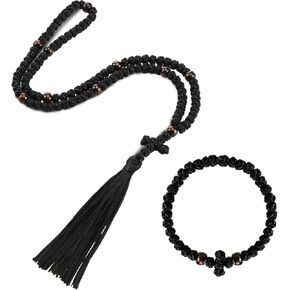 2 Pcs Handmade Orthodox Prayer Rope 100 Knots and Christian 33 Knots Bracelet Greek Prayer Rosary Protection Blessing Cross Charm Gifts (Brown,Classic Style)
