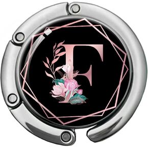 Pink Initial Foldable Purse Hook, Flower Letter Handbag Hanger, Women's Bag Hanger Hook, Round Purse Table Hook, Funny Desk Hook Gift for Family Colleague Friend Office Worker (Flower F)