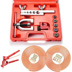 Brake Line Kit, 3/16" & 1/4" Brake Line Flaring Tool Kit, Copper Coated Brake Line (with 32 Fittings and 8 Threads Unions) + Double & Single Flare Tool + Tube Bender