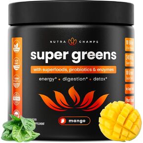 Nutrachamps Super Greens Powder Premium Superfood | 20+ الخضار الخضراء العضوية الكاملة الأطعمة | عشب القمح ، سبيرولينا ، شلوريلا | مضادات الأكسدة ، إنزيم الجهاز الهضمي ومزيج بروبيوتيك (9.0 أوقية ، مانجو)