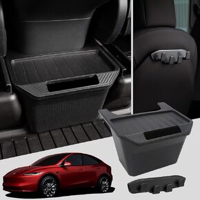 2PCS Rear Center Console Organizer for Tesla Model Y Accessories 2020-2024 2025, Under Seat Storage Box with Hook, TPE Garbage Bin with Anti-Slip Lid Cover Compatible with Tesla 2nd Row Seat
