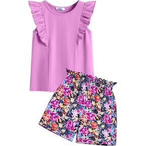 Arshiner Girls Clothes Summer Outfits Ruffle Sleeve Tops and Paperbag Waist Shorts with Pockets Kids Clothing Set