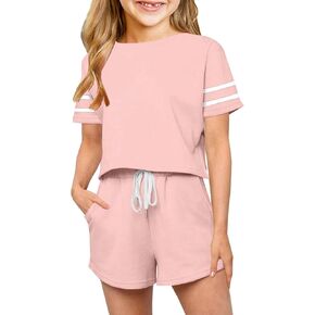Haloumoning Girls Summer Crop Tops and Shorts Set Cute Color Block Two Piece Outfits Casual Sweat Tracksuit with Side Pockets