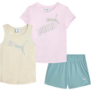 PUMA Girls Active Shorts Set - 3 Piece Performance T-Shirt, Tank Top, Gym Shorts - Summer Athletic Outfit for Girls (7-14)