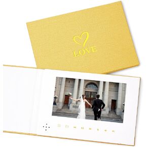 دفتر فيديو الكتان الفاخر - Love Gold Foil Heart ، عرض 7 بوصات ، ذاكرة 4 جيجابايت ، بطارية قابلة للشحن ، فيديو عالي الدقة حتى 3 ساعات ، مثالي لحفلات الزفاف والمناسبات الخاصة
