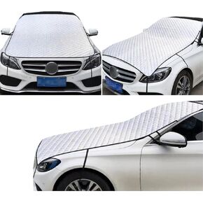 1 PC Car Half Car Cover Sunshade, Windshield Hood All-Season Protection Waterproof Dustproof Frostproof Portable Car Cloth, Outdoor Indoor Foldable Protective Cover, Universal for Cars (Silver)