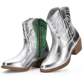 Cowgirl Boots Girls Little Big Kids Cowboy Western Boots Boys Metallic Horse Riding Shoes Short Calf Sparkly Star Embroidered Pointed Round Toe Side Zipper Low Heel Party Birthday Country Pull on