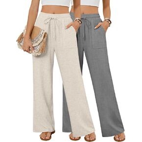 Neer 2 Pack Women's Linen Long Pants, Summer Drawstring Elastic Waist Flowy Straight Pant Casual Loose Beach Pant with Pocket