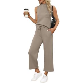 WIHOLL 2 Piece Sets for Women Summer Travel Vacation Outfits Casual Mock Neck Wide Leg Crop Pants Lounge Sets