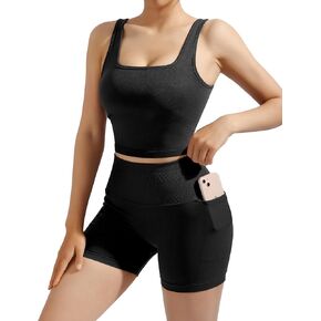 SUUKSESS Women 2 Piece Workout Sets Hidden Scrunch Butt Lifting Biker Shorts Square Neck Tank Tops