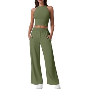 QINSEN Women's 2 Piece Sets Summer Ribbed Knit Crop Tank Tops Wide Leg Pants Sleeveless Tracksuit