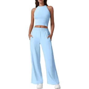 QINSEN Women's 2 Piece Sets Summer Ribbed Knit Crop Tank Tops Wide Leg Pants Sleeveless Tracksuit in Kuwait