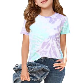 Haloumoning Girls Tie صبغة قصيرة الأكمام قميص Kids الصيف الموضة الطاقم قمم Tees غير الرسمية 5-14 سنة